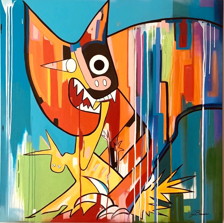1.-Josephine-Barreiro_Cat-Devouring-Bird-_-acrylic-spray-paint-oil-stick-on-canvas_48-x-48-in.