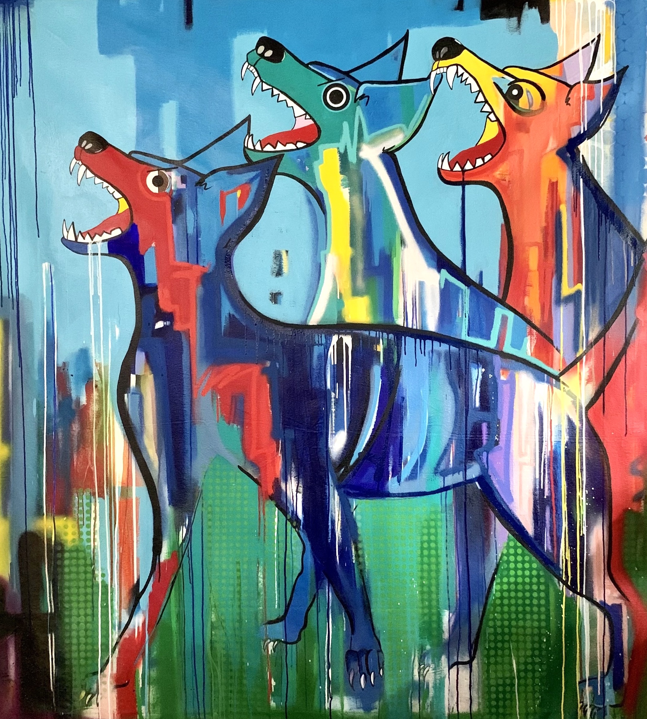 4.-Josephine-Barreiro_-Junk-Yard-Dogs-_acrylic-spray-paint-oil-stick-on-canvas_75-x-74-in.