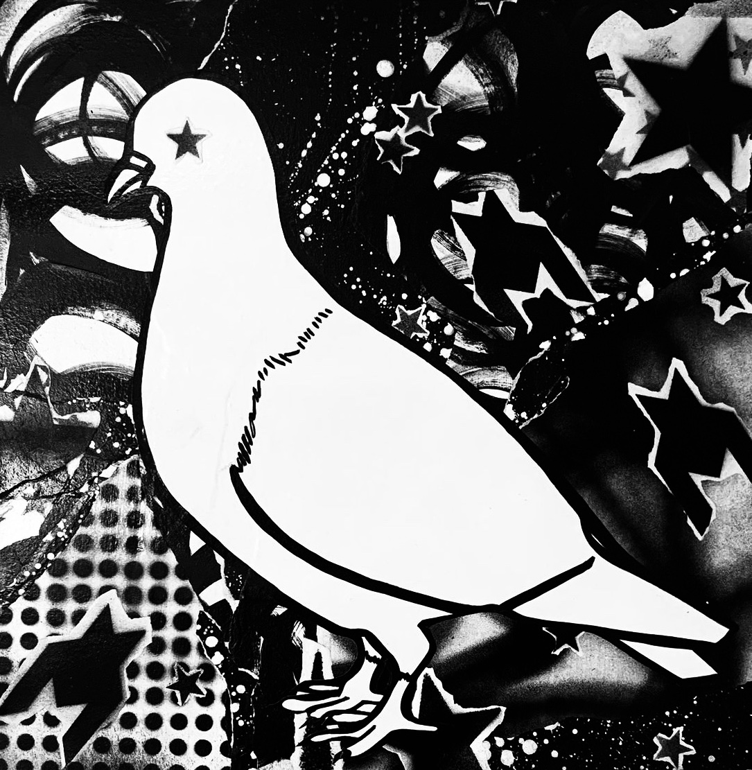 8.-Josephine-Barreiro_Galactic-Pigeon_-acrylic-spray-paint-on-paper-on-canvas_-24-x-24-in.